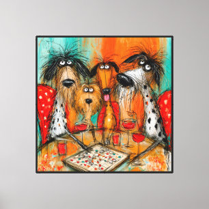 Playful Dogs Game Night with Wine Canvas Print