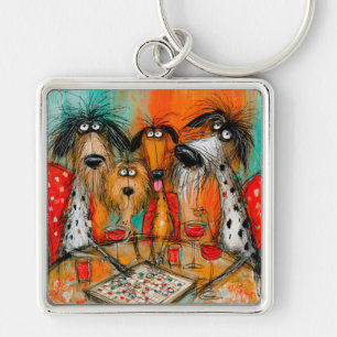 Playful Dogs Game Night with Wine Key Ring