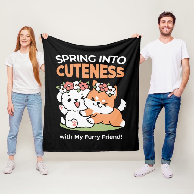 Playful Dogs with Flower Crowns – Fun Spring Theme Fleece Blanket (In Situ)