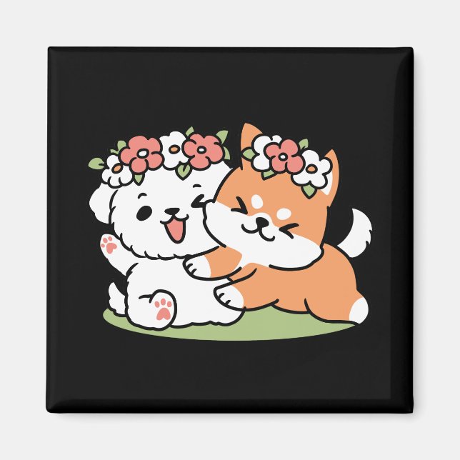 Playful Dogs with Flower Crowns – Fun Spring Theme Magnet (Front)