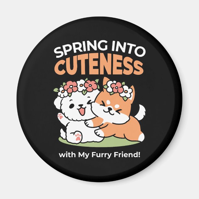 Playful Dogs with Flower Crowns – Fun Spring Theme Magnet (Front)