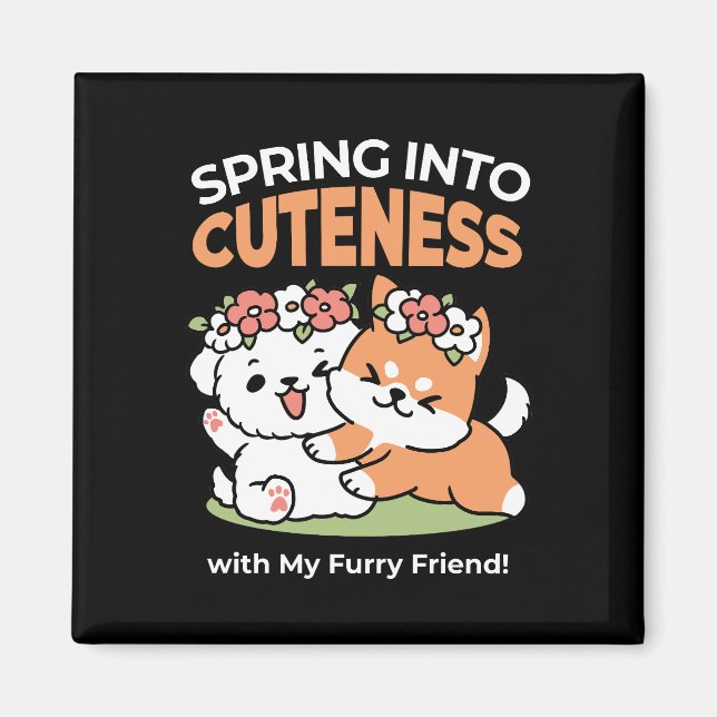 Playful Dogs with Flower Crowns – Fun Spring Theme Magnet (Front)