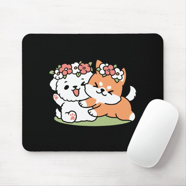 Playful Dogs with Flower Crowns – Fun Spring Theme Mouse Pad (With Mouse)