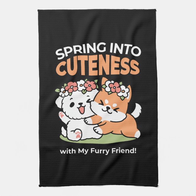 Playful Dogs with Flower Crowns – Fun Spring Theme Tea Towel (Vertical)