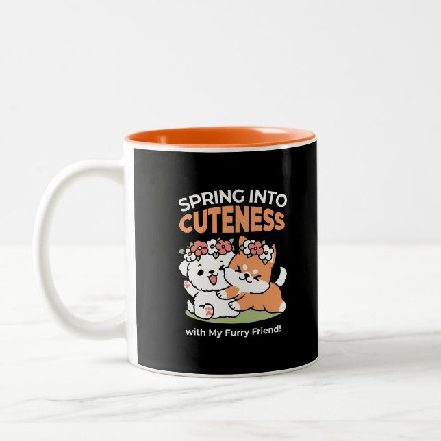 Playful Dogs with Flower Crowns – Fun Spring Theme Two-Tone Coffee Mug (Left)