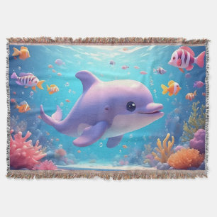 Playful Dolphin amidst Colorful Tropical Fish Throw Blanket
