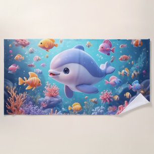 Playful Dolphin amidst Colourful Tropical Fish Beach Towel