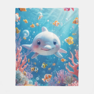 Playful Dolphin amidst Colourful Tropical Fish Fleece Blanket