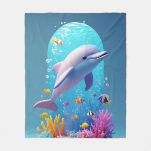 Playful Dolphin amidst Colourful Tropical Fish Fleece Blanket