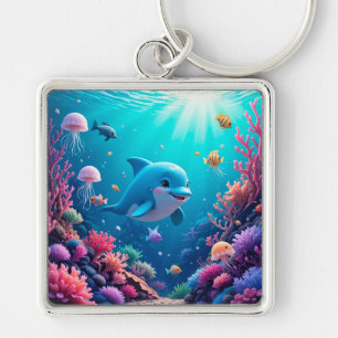 Playful Dolphin and Colourful Marine Life Key Ring