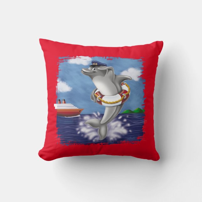 Playful Dolphin Captain – Fun Nautical Adventure Cushion (Front)