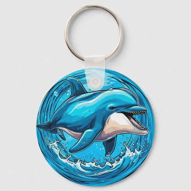 Playful Dolphin Jumping in Splashes of Water Key Ring (Front)