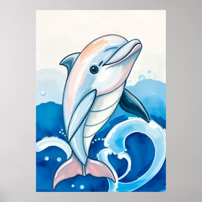 Playful Dolphin Wave Painting Poster (Front)
