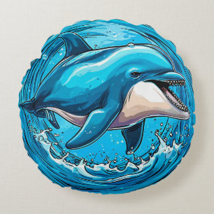 Playful Dolphin Waves For Beach Home Style Round Cushion