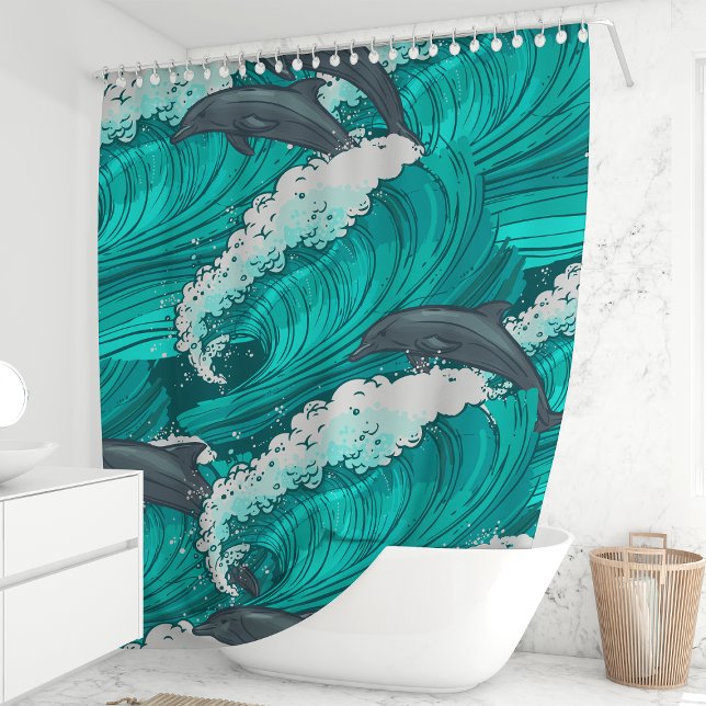 Playful Dolphins and Ocean Waves Shower Curtain (Creator Uploaded)