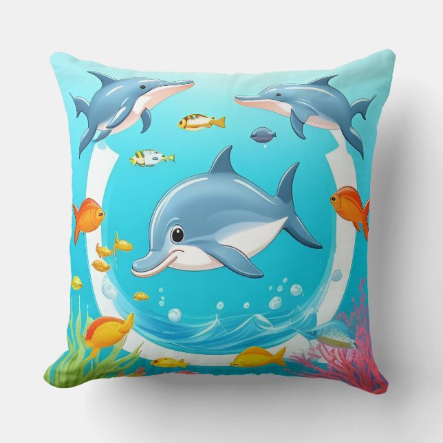 Playful Dolphins Exploring a Vivid Coral Reef Cushion (Front)