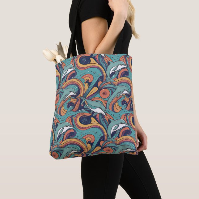 Playful Dolphins Pattern – Ocean-Inspired Design Tote Bag (Close Up)