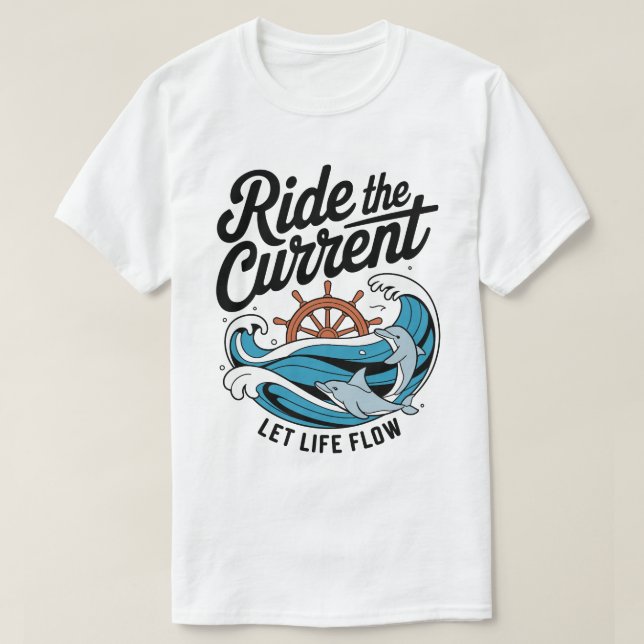 Playful Dolphins Surfing Ocean Wave & Ship Wheel T-Shirt (Design Front)