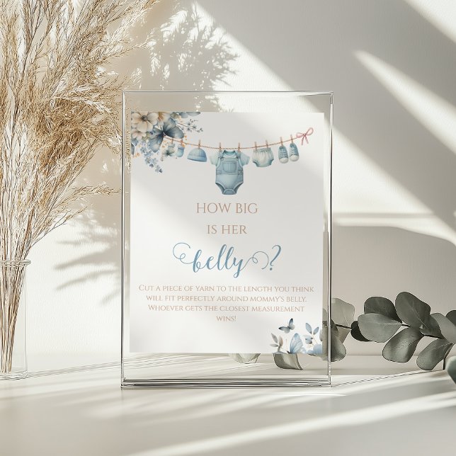 Playful Dusty Blue Baby Belly Guessing Game Floral Poster (Creator Uploaded)