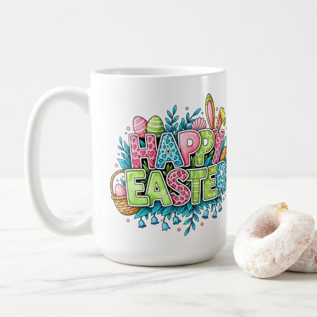 Playful Easter Artwork With Bunny Ears and Florals Coffee Mug (With Donut)