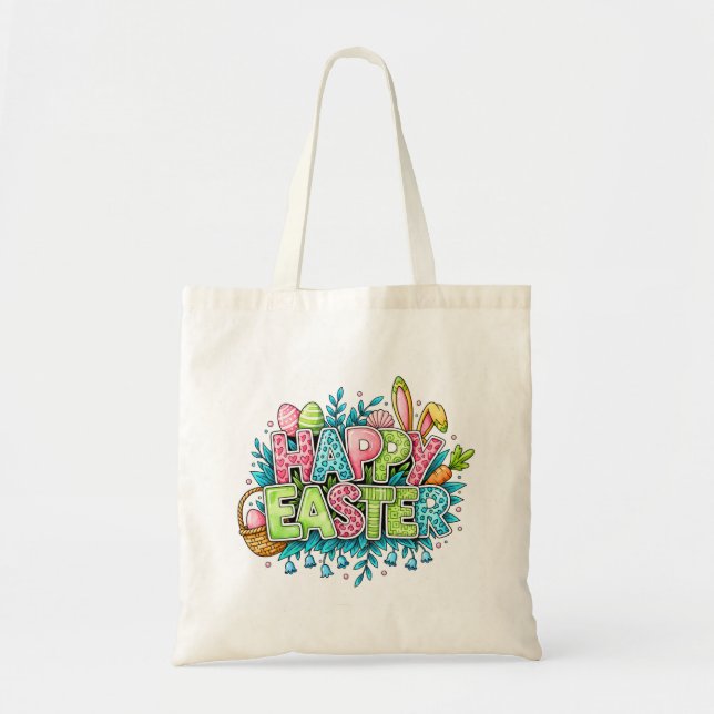 Playful Easter Artwork With Bunny Ears and Florals Tote Bag (Front)