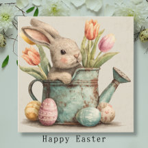 Playful Easter Bunny in Vintage Watering Can Art