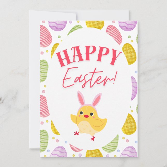 Playful Easter Chick & Colorful Eggs Holiday Card (Front)