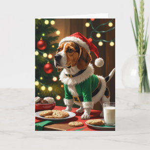 Playful Elf Beagle with Cookies for Santa Card