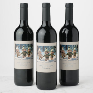 Playful Elves Running in the Snow Custom Text Wine Label