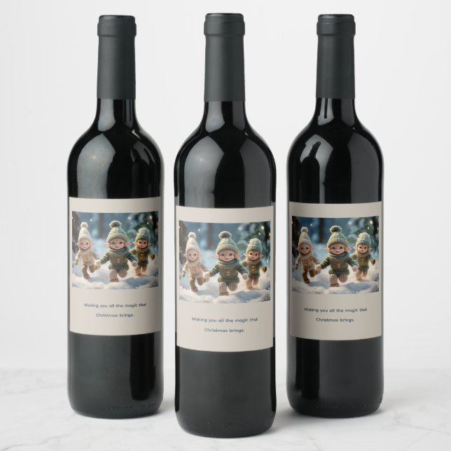 Playful Elves Running in the Snow Custom Text Wine Label (Bottles)