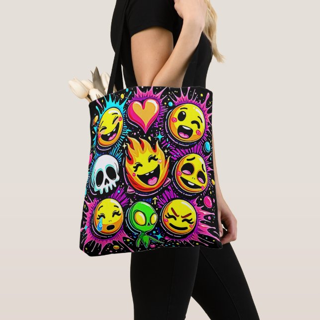 Playful Emoji Explosion Tote Bag (Close Up)