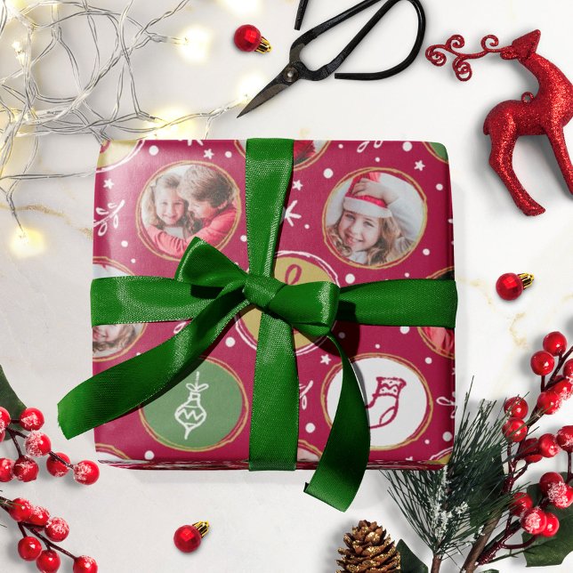 Playful Family Photo Collage Christmas Red Wrapping Paper (Creator Uploaded)