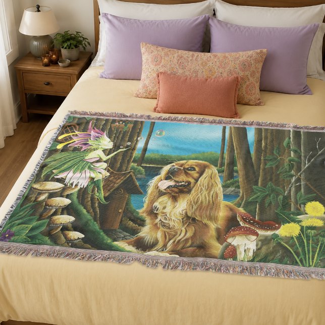 Playful Fantasy Cavalier Spaniel Fairy Sprite Throw Blanket (Creator Uploaded)