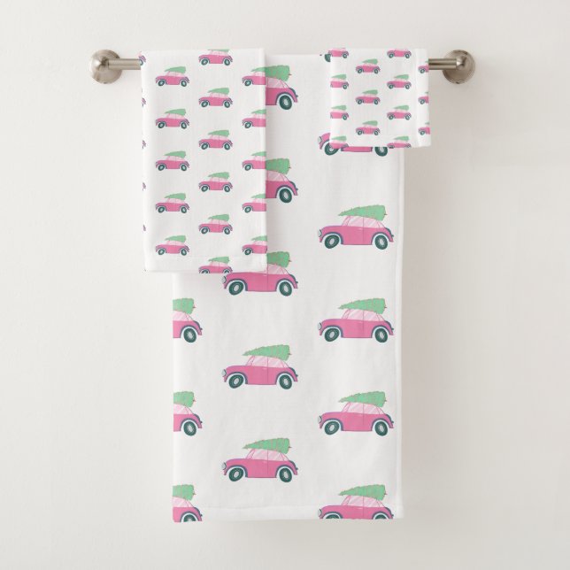 Playful Festive Pink Christmas Tree Car Holiday Bath Towel Set (Insitu)