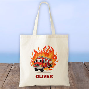 Playful Fire Truck with Flames Personalised Tote Bag