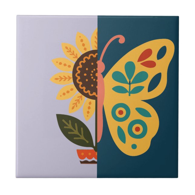 Playful floral and butterfly design  ceramic tile (Front)
