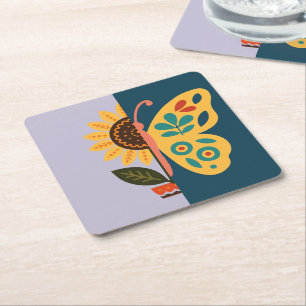 Playful floral and butterfly design square paper coaster