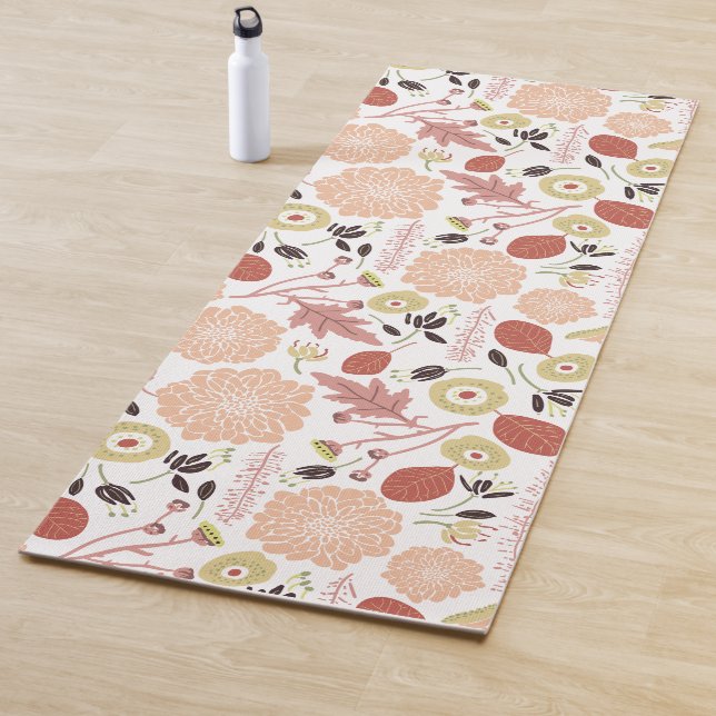 Playful Floral Mix Peach Green Whimsical Flowers Yoga Mat (In Situ)