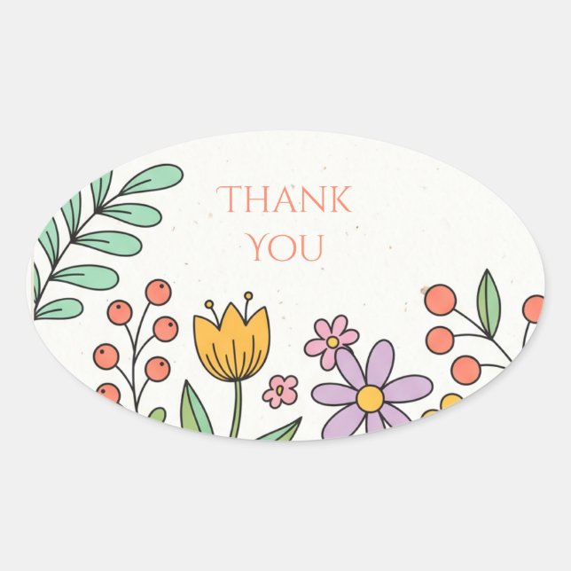 Playful Folk Floral Thank You Oval Sticker (Front)