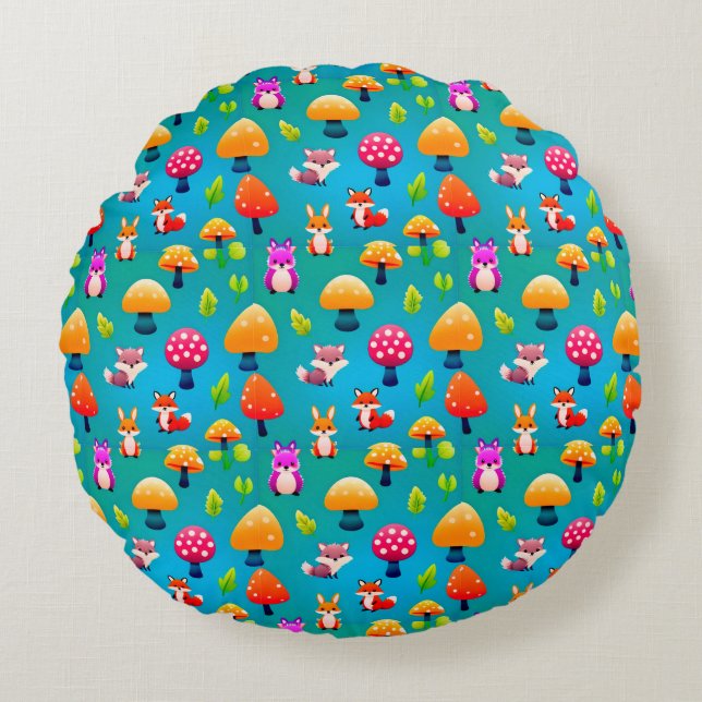 Playful Forest Scene With Cute Animals Round Cushion (Front)