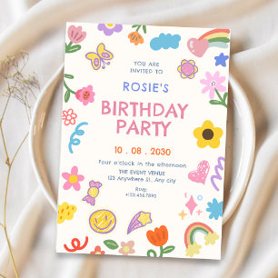 Playful fun colourful doodle birthday invitation