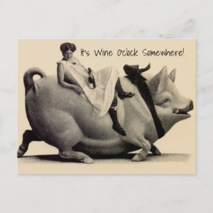 Playful fun lady pig it's wine o'clock somewhere postcard
