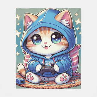 Playful Gamer Cat in Cosy Setting Fleece Blanket