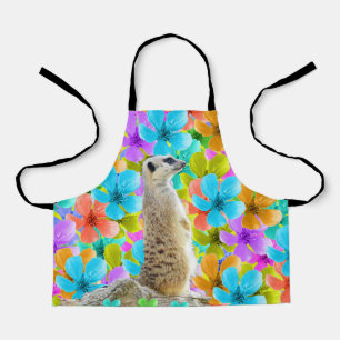 Playful Garden: Meerkat Amid Tricolored Blossoms Apron