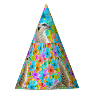 Playful Garden: Meerkat Amid Tricolored Blossoms Party Hat
