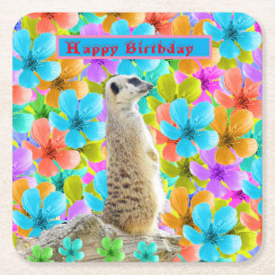 Playful Garden: Meerkat Amid Tricolored Blossoms Square Paper Coaster