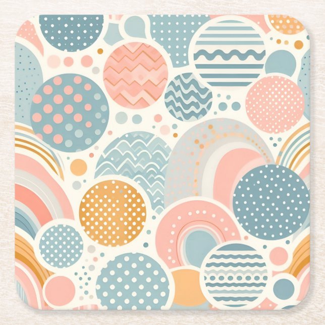 Playful Geometric Doodle Pattern Square Paper Coaster (Front)
