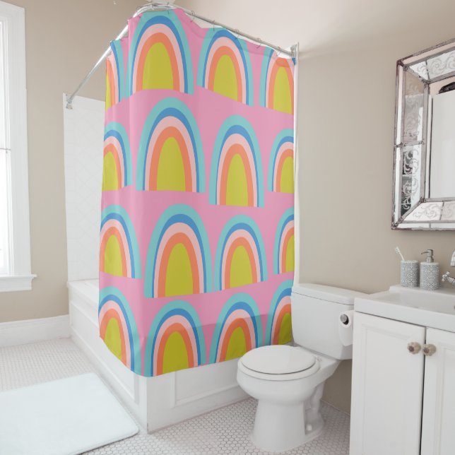 Playful Geometric Rainbow Pattern in Bright Pink Shower Curtain (In Situ)