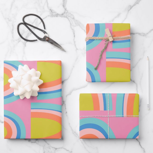 Playful Geometric Rainbow Pattern in Bright Pink Wrapping Paper Sheet (Front)