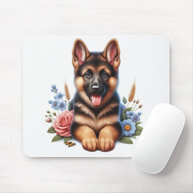 Playful German Shepherd Puppy with Flowers Mouse Pad (With Mouse)